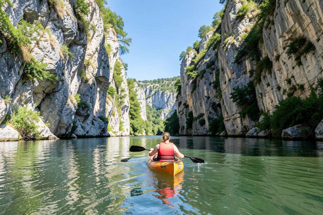 Canoë sur la rivière Dordogne entre les falaises