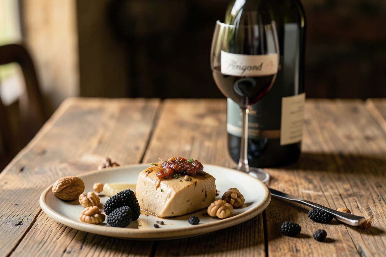 Table périgourdine avec foie gras, noix et truffe